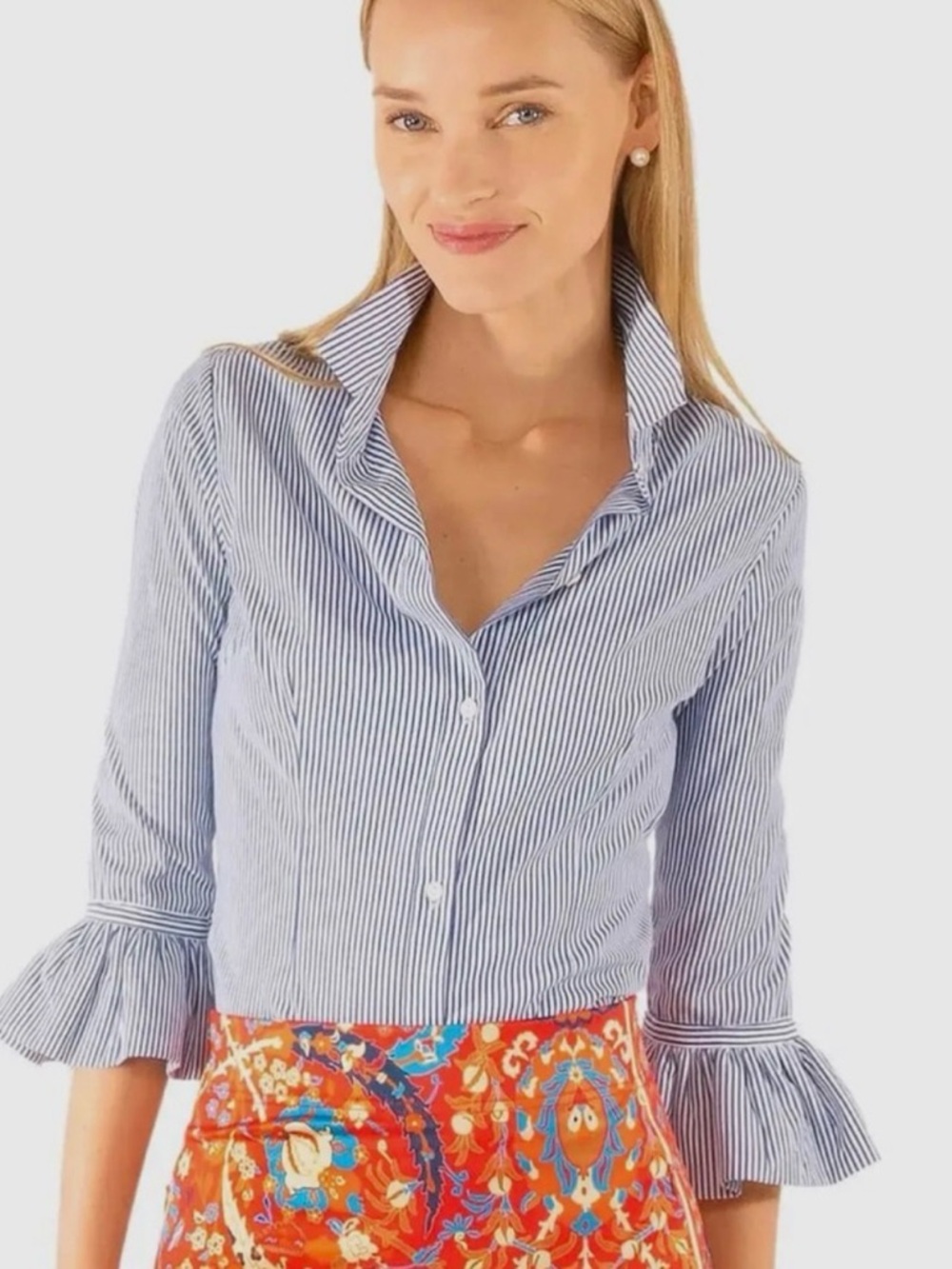 Gretchen Scott Priss brooks Blouse Blue Striped Women's Top M